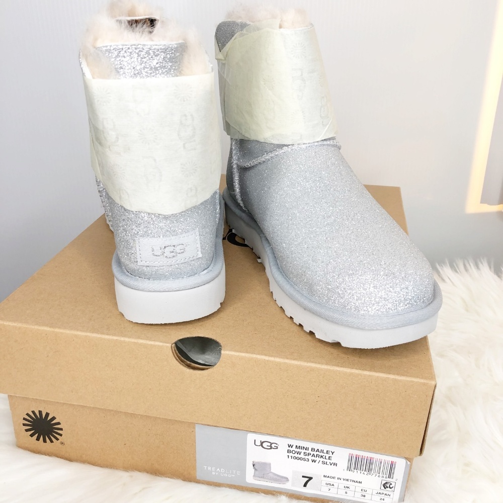 UGG Mini Bailey Bow Silver Sparkle Boots Glitter - Picture 2 of 8